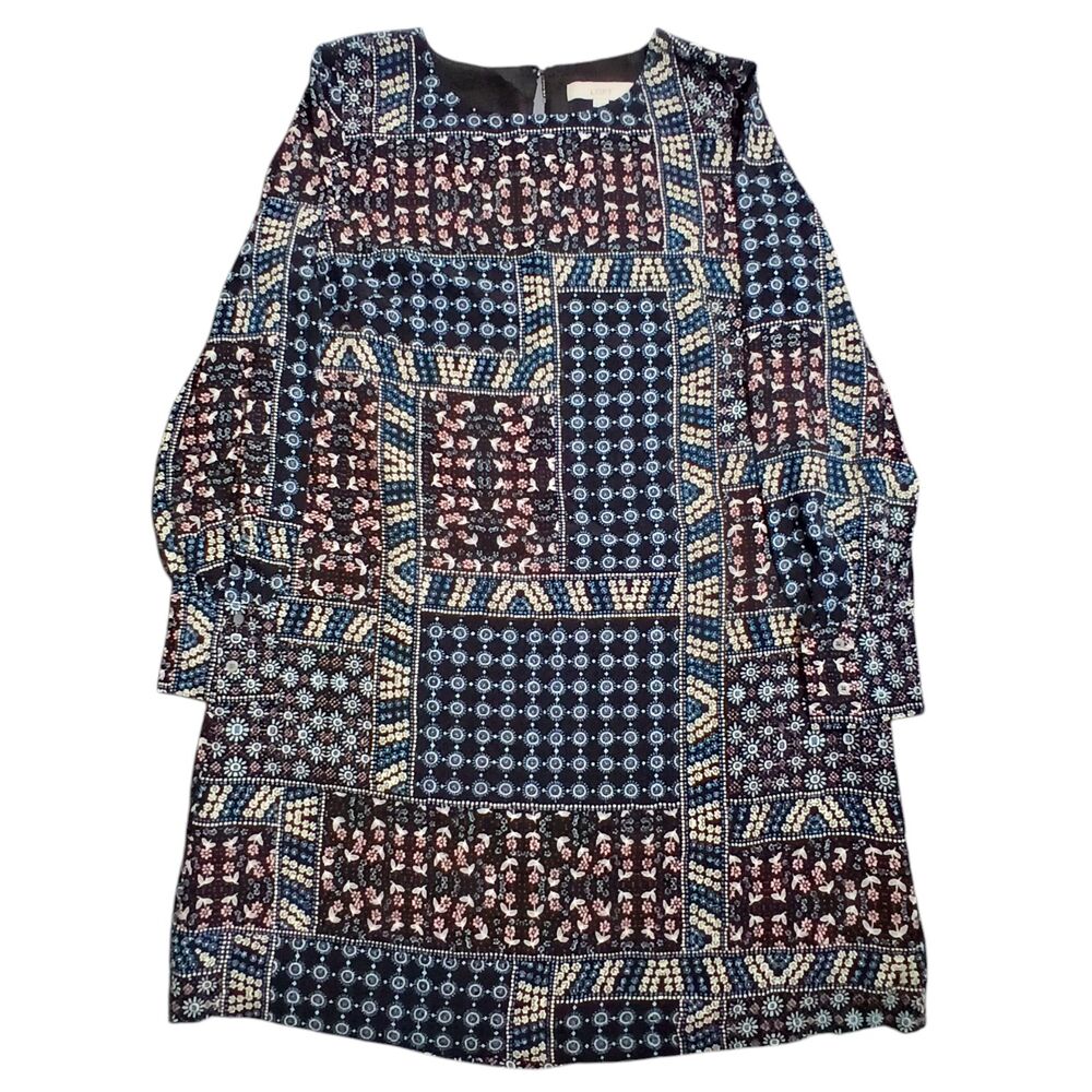 LOFT Shift Dress Women 8 Black Blue Patchwork Ditsy Floral Long Sleeve Lined